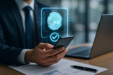 Businessman holding smartphone displaying a glowing neon blue fingerprint biometric identification icon with a checkmark confirming secure access and successful user authentication process