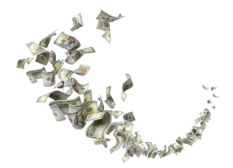 Flying hundred dollar bills swirling in dynamic motion, isolated on transparent cutout background