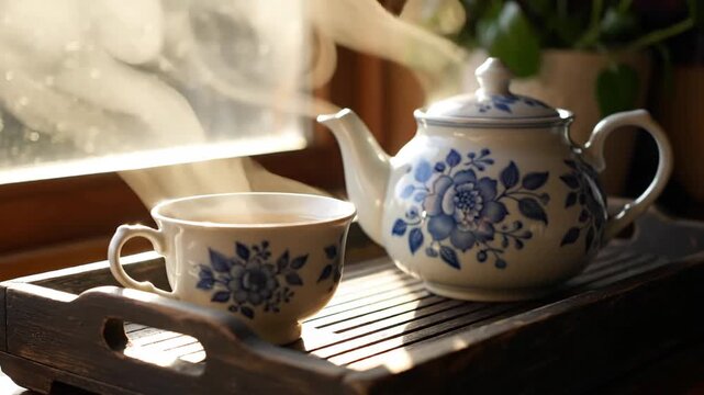 Still life of a tea set with a floral pattern on a wooden tray near a window.