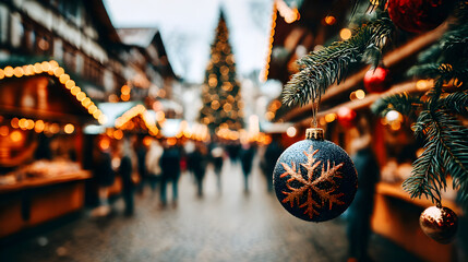 Blurry view of Christmas market outdoors, 
