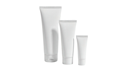 Three white plastic tubes in different sizes set against a black background isolated on transparent background