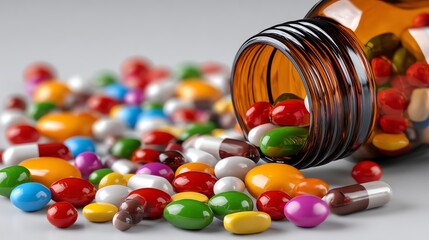 A close-up of a spilled bottle of colorful pills and capsules on a grey surface, highlighting the variety and vibrancy of medications available for health and wellness.
