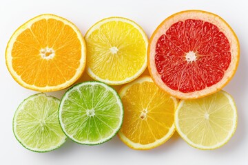 Fototapeta premium Orange, lemon, lime and grapefruit slices on a white background. They are bright and good for you. They can be used in food pictures, in ads for healthy food and in cooking.