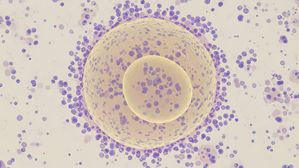 Microscopic View of Cellular Structure with Purple Particles Surrounding a Central Cell