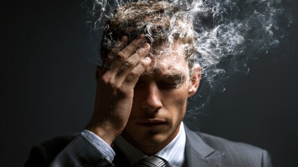 A businessman experiences stress and anxiety, depicted through a symbolic representation of smoke rising from his head. This image captures the heavy burden of modern life.