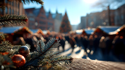 Close up of green pine tree branches and blurred Christmas market outdoors background 