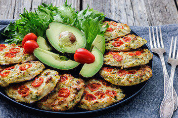 minced chicken cherry tomatoes patties on a plate