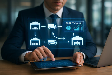 Supply chain management logistics distribution warehouse transportation planning system digital screen on tablet with business performance charts graphs