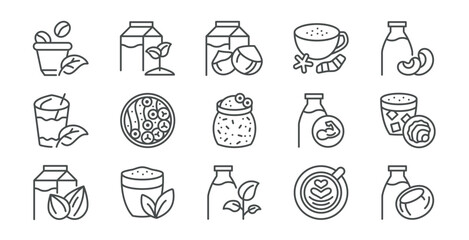 Plant Milk and Vegan Drinks Icons Set. Oat, Almond, Soy, Cashew Beverages, Coffee Latte, Matcha Tea, Snacks and Breakfast Items. Linear Vector Pack.