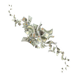 Flying hundred dollar bills, isolated on transparent cutout background