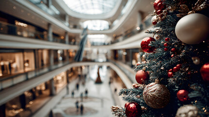 Close up of decorated Christmas tree balls at a shopping mall 
