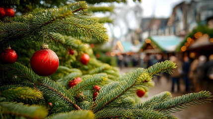Close up of green pine tree branches and blurred Christmas market outdoors background 