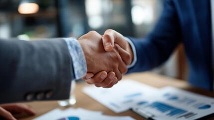 Faceless professional business handshake during financial consultation with advisor, partnership agreement at meeting table with charts and documents, business deal completion, defocused hands