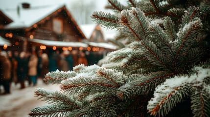 Close up of green pine tree branches and blurred Christmas market outdoors background 