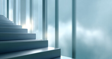 Obraz premium Modern staircase ascending alongside large frosted glass with soft natural light and misty outdoor view creating a serene architectural atmosphere