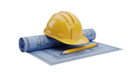 Yellow Hard Hat Resting On Blue Rolled Blueprint With Yellow Pencil On A Black Background Architectural Design And Planning Construction Project Safety Engineering Concept