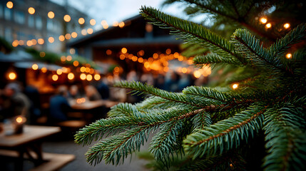 Close up of green pine tree branches and blurred Christmas market outdoors background 