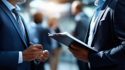 Faceless business people discussion advisor concept, corporate consultation meeting, professional guidance session, strategic planning discussion, investment analysis conversation, defocused