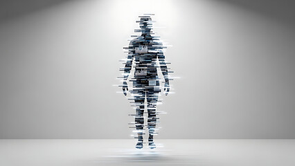 A transparent human silhouette made of layered data sheets floating slightly misaligned, symbolizing fragmented digital identity, minimalist studio lighting