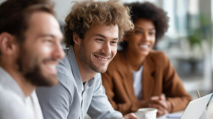 Faceless casual meeting of smiling diverse business team analyzing financial data, multicultural corporate planning, collaborative investment analysis, team strategy discussion, defocused group,
