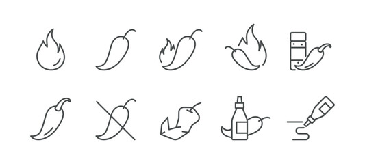 Hot Sauce and Chili Pepper Icons Set. Spicy, No Spice, Flame, Broken Pepper, Bottle and Squeeze Drip for Warning and Menu Marking. Linear Vector Pack.