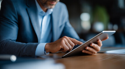 Faceless business consulting services advisor and businessman working with digital tablet at desk in office, corporate strategy planning, professional guidance session, defocused professionals,