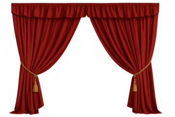 Red velvet stage curtains open, revealing empty space, representing performance, event, or announcement, transparent background