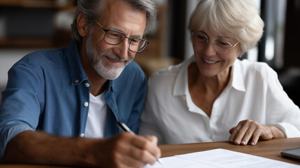 Faceless happy couple broker and contract in house for meeting or consultation for retirement advice, financial advisor for investment savings plan or pension and insurance paper, defocused