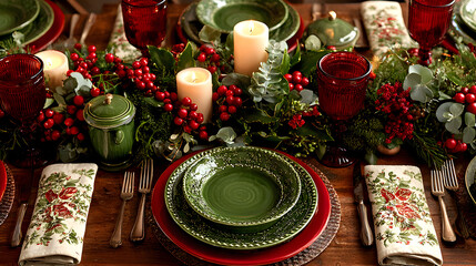 Classic Christmas festive red and green table setting with candles and green branches 