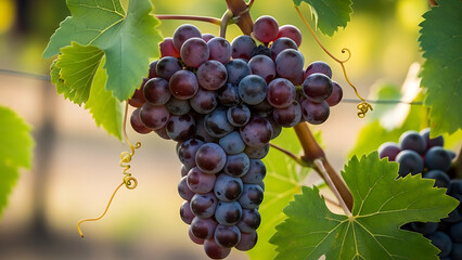 Vibrant cluster of ripe red grapes hanging on a lush green vine in a sun-kissed vineyard, ready for harvest and wine production