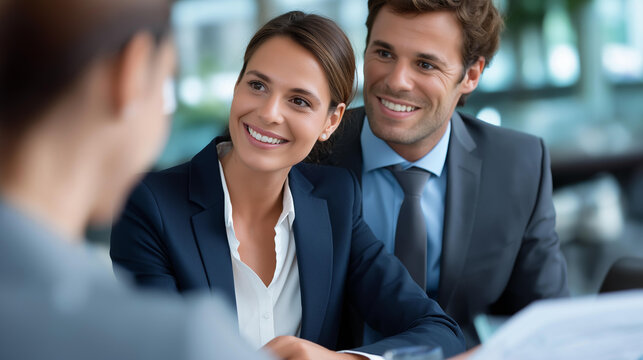 Faceless young couple talking with financial consultant at luxury bank office, investment or lending concept for young family, premium wealth management, defocused clients and advisor, with copy - Powered by Adobe