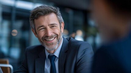 Faceless happy middle aged professional business man executive hr or bank manager lawyer or financial advisor having job interview or business conversation consulting client at corporate office