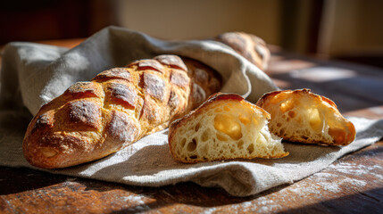 freshly baked baguette on baker's table with linen cloth