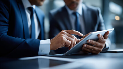 Faceless business partners working on digital tablet in modern office, collaborative investment planning, team financial analysis, corporate strategy session, defocused professionals, with copy