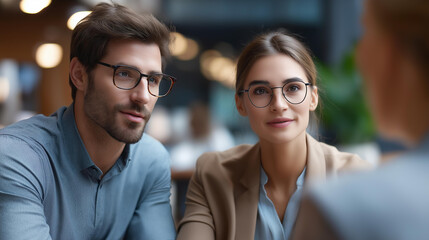 Faceless couple consulting with female financial manager at bank, banking services meeting, wealth management consultation, investment planning discussion, defocused clients and advisor, with
