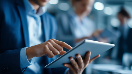 Faceless business partners working on digital tablet in modern office, collaborative investment planning, team financial analysis, corporate strategy session, defocused professionals, with copy