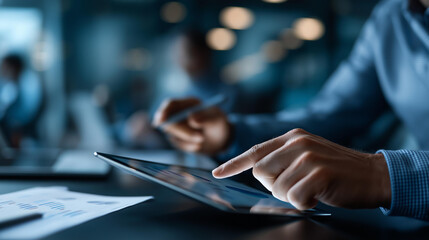 Faceless business partners working on digital tablet in modern office, collaborative investment planning, team financial analysis, corporate strategy session, defocused professionals, with copy