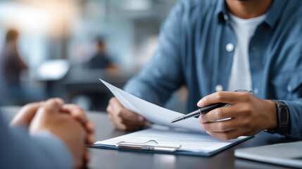 Faceless professional financial advisor consulting client in modern office for investment analysis and strategic financial planning, discussing portfolio diversification risk management