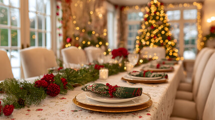 Beautiful festive Christmas table setting, decorated with green branches and red berries, blurry lights 