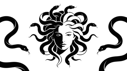 Striking Medusa Head with Serpent Hair in Black and White.