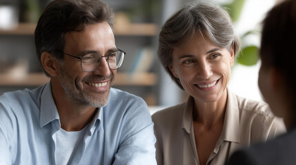 Fototapeta premium Faceless mature couple meeting financial advisor, middle-aged clients wealth management, experienced investors consultation, retirement planning discussion, defocused older clients and