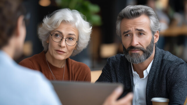 Faceless senior couple meeting adult financial advisor in cafe, looking serious, public wealth management consultation, informal investment discussion, casual financial planning, defocused - Powered by Adobe