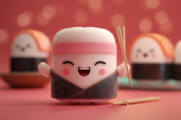 Personified sushi character smiling with a playful and cheerful expression