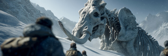A Colossal Mammoth Skeleton Emerges from Antarctic Ice. A Group of Archaeologists and Explorers Discovers a Perfectly Preserved Mammoth Skeleton in the Antarctic Ice. Generative Ai.