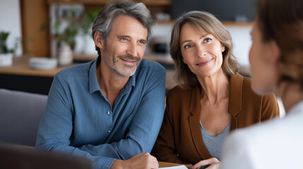 Faceless couple talking to financial advisor at home, residential wealth management consultation, domestic investment planning, household financial strategy, defocused clients and consultant,