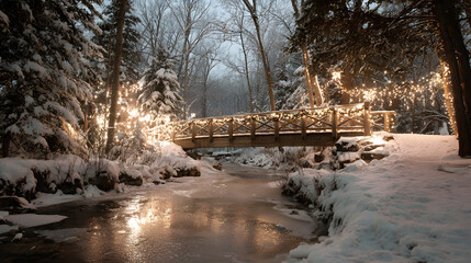 Winter Bridge in Snowy Forest