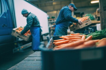 Delivery Truck Unloading Vegetables and Fruits