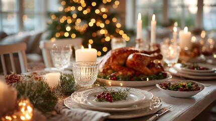  Christmas grilled turkey on a plate, festive table and blurry Christmas tree in background