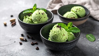 Delicious Green Tea Ice Cream Scoops in Dark Bowls with Mint Leaves.