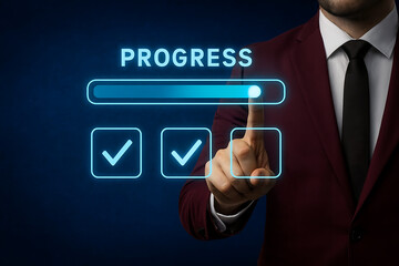 Businessman in a maroon suit touching a glowing blue digital progress bar indicating almost full completion of a business task or project milestone goal